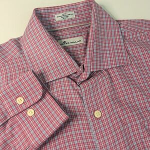 Peter Millar Shirt Mens Large‎ Button Up Pink Red Blue Plaid Tartan Twill Spread